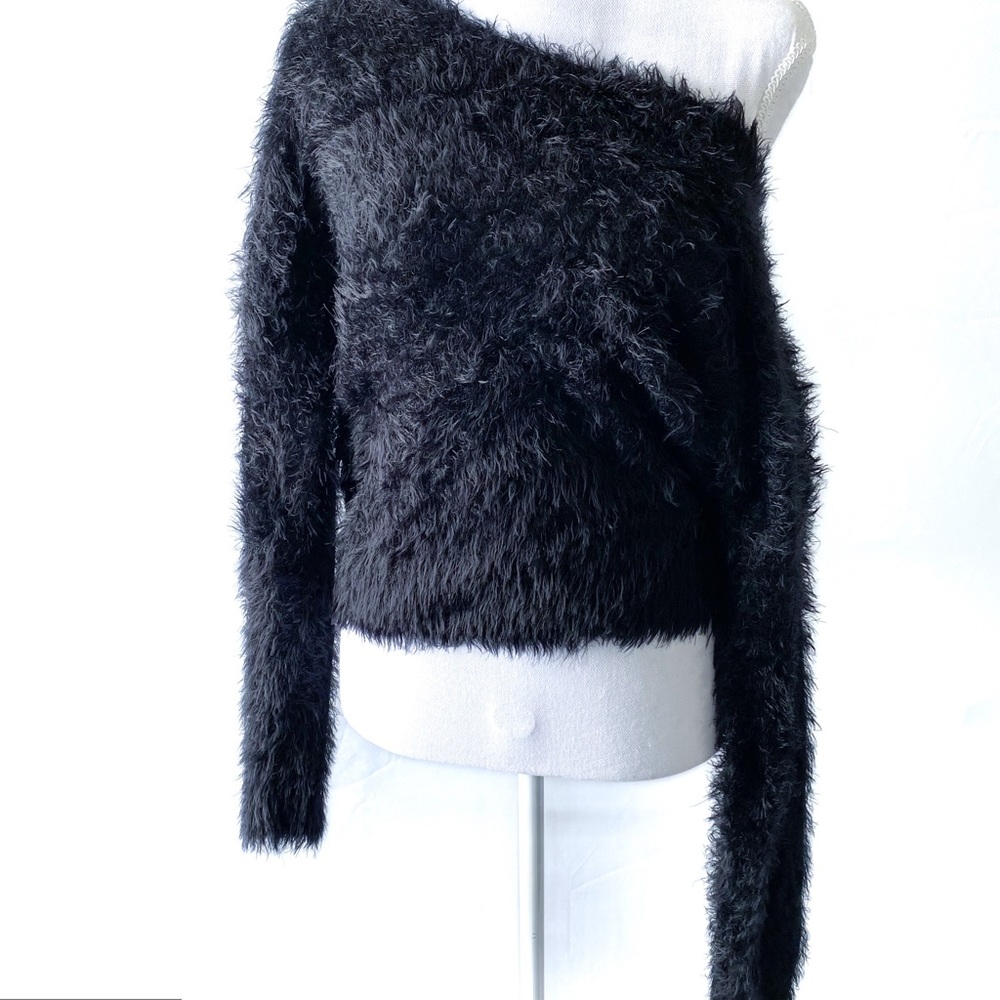 Black off shoulder fuzzy sweater pullover